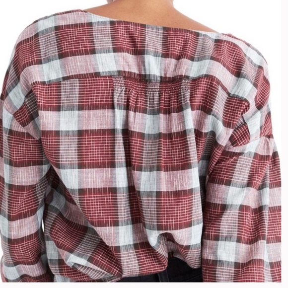 Madewell Plaid Button Front Peasant Blouse Red Gray Check XS 100% Cotton - Picture 11 of 11
